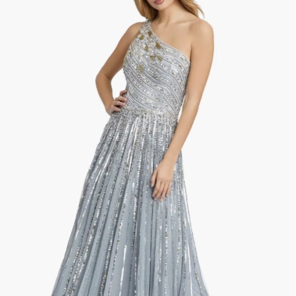 MAC DUGGAL 5220 ONE SHOULDER A-LINE PLATINUM GOWN sz 4 - Picture 4 of 6